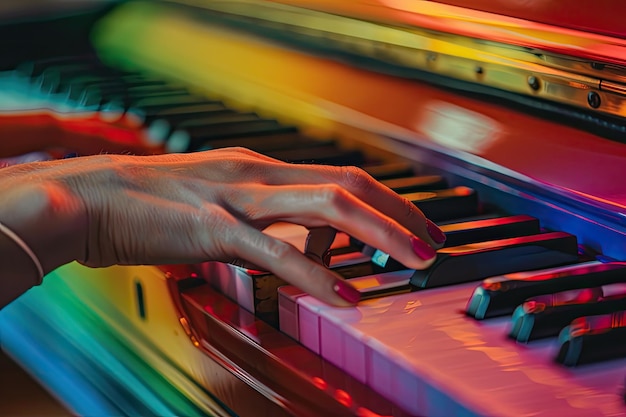 Foto mãos de mulher de perto a tocar piano