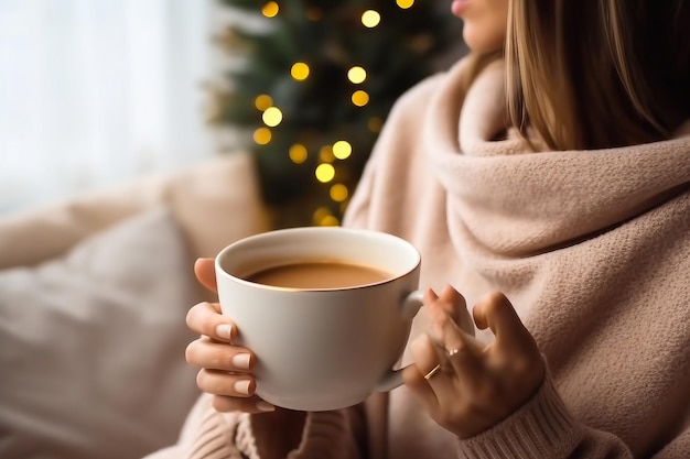 Mãos de mulher em suéter segurando uma xícara de café quente dentro de casa Composição de natureza morta