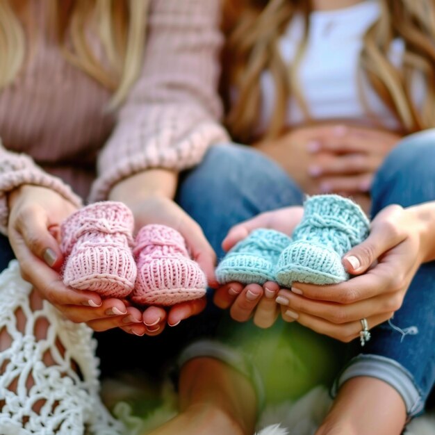 Foto mãos de mulher grávida segurando botas de bebê sentadas por amigos