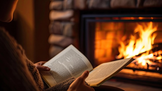 Mãos de mulher lendo um livro na lareira