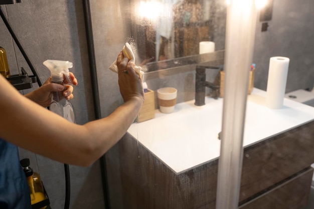 Mãos de mulher limpando o limão da tela do banheiro de um chuveiro com spray e papel de limpeza