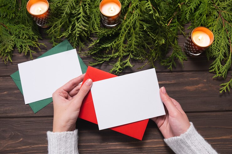 Foto mãos de mulher segurando um cartão de saudação ou convite de papel em branco. desenho de natal.