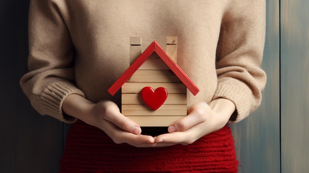 Mãos de mulher segurando um modelo de casa de madeira com coração vermelho