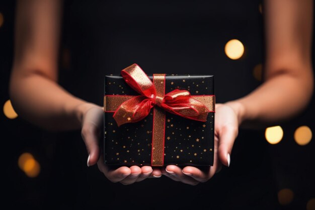 Foto mãos de mulher segurando uma caixa de presente com fita vermelha fundo preto com luzes bokeh dia dos namorados