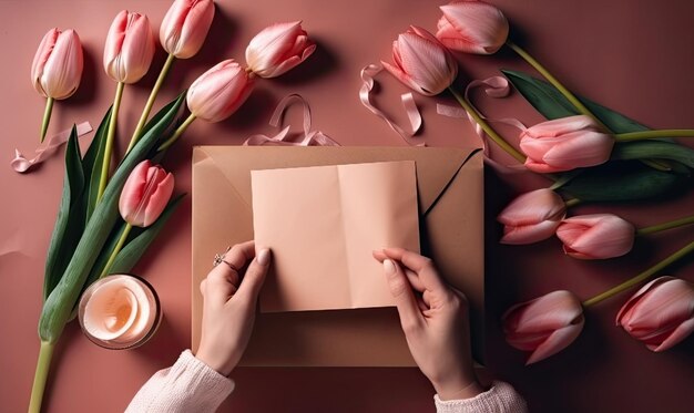 Mãos de mulher segurando uma carta em envelope artesanal Fundo rosa Dia das mães conceito generativo AI