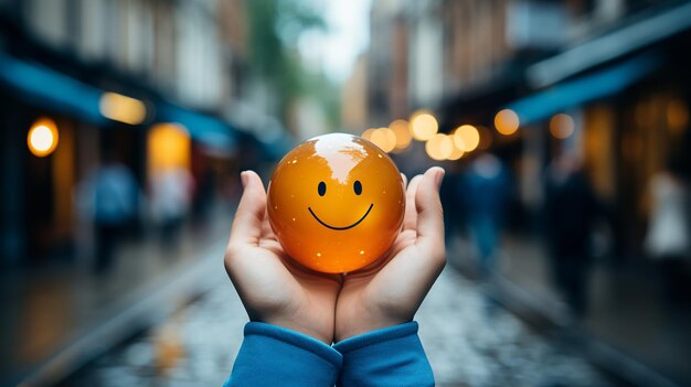 Foto mãos de mulher segurando uma pequena bola laranja com um sorriso