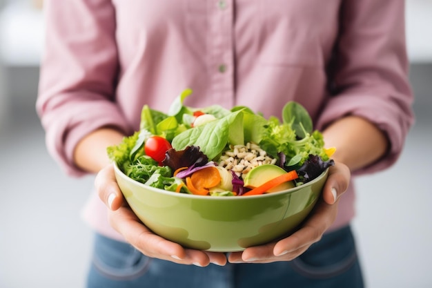 Foto mãos de mulher segurando uma tigela de salada de dieta saudável na cozinha em casa