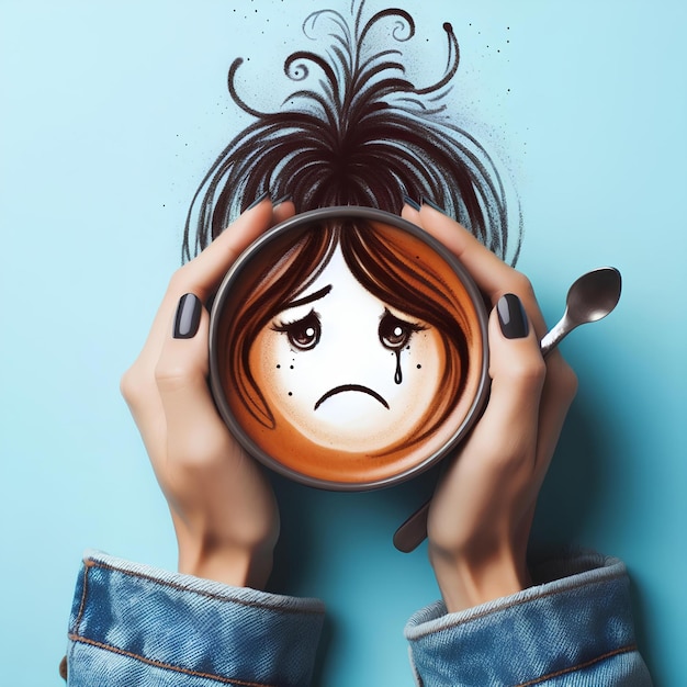 Mãos de mulher segurando xícara de café com rosto triste desenhado em café em fundo azul pastel