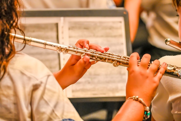 Mãos de mulher tocando flauta na orquestra