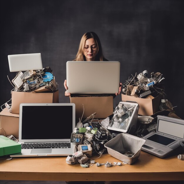 Mãos de mulheres colocam laptops e teclados velhos em caixas com computadores antigos usados e reciclagem de IA gerativa