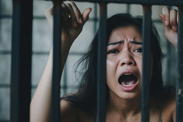 Mãos de mulheres desesperadas para pegar a prisão de ferro conceito de prisioneiro povo da tailândiaEsperança de ser livre Se a violar a lei seria presa e encarcerada