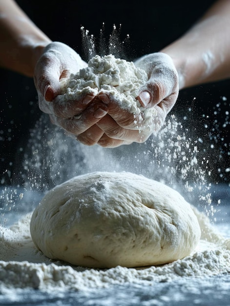 Mãos de mulheres espalhando farinha sobre pizza recém-cozida em mesa de madeira na cozinha