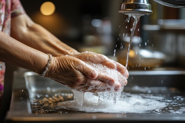 Mãos de mulheres lavam as mãos em uma pia com espuma Generative AI