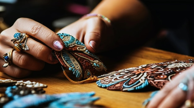 Mãos de mulheres segurando jóias feitas à mão