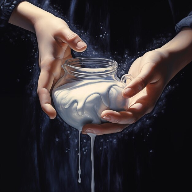 Mãos de mulheres segurando um frasco de vidro com leite em um fundo preto