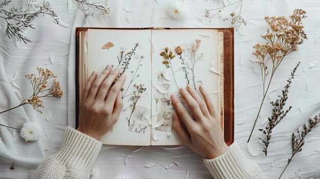 Mãos de mulheres segurando um livro em um fundo branco com flores secas