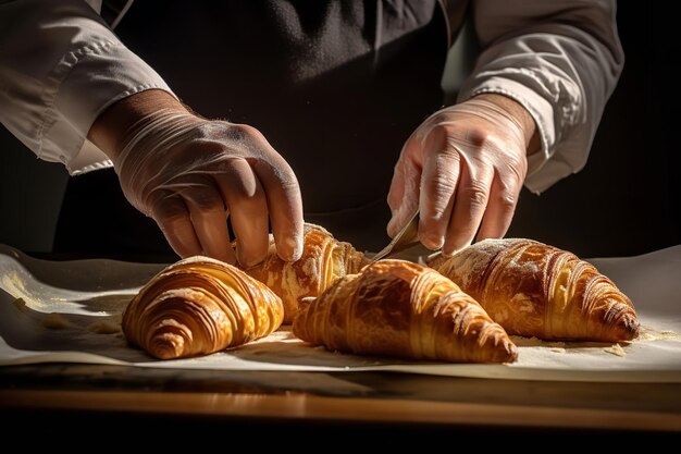 Mãos de padeiro criando croissants perfeitos