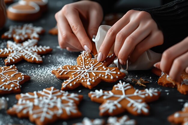 Mãos de padeiro festivas decoram biscoitos de pão de gengibre com gelo para o Natal