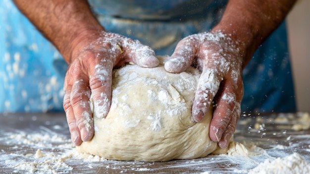 Mãos de padeiros amassando massa para pão artesanal