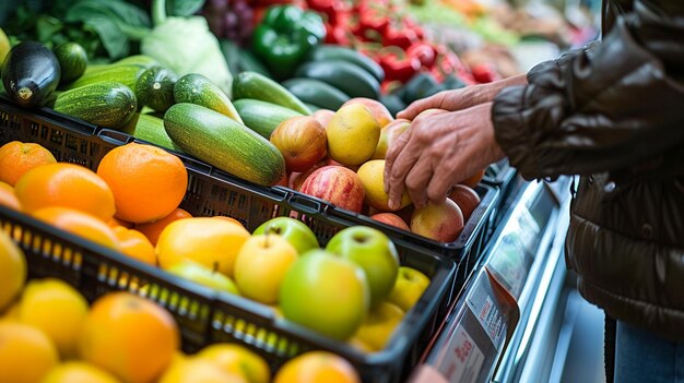 mãos de pessoas a pesar frutas e legumes