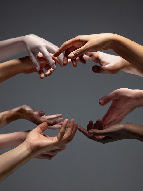 Mãos de pessoas diferentes em contato isoladas no conceito de fundo cinza do estúdio de relação humana