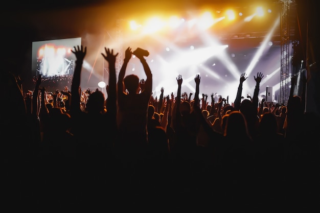 Mãos de pessoas felizes se divertindo no palco do festival de rock ao vivo de verão