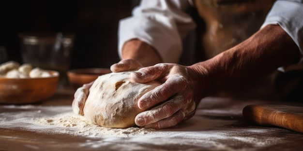 Mãos de preparação de pão amassando massa na mesa Generative AI