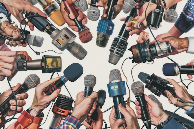 Foto mãos de repórteres com muitos microfones jornalismo e conceito de transmissão isolado em branco