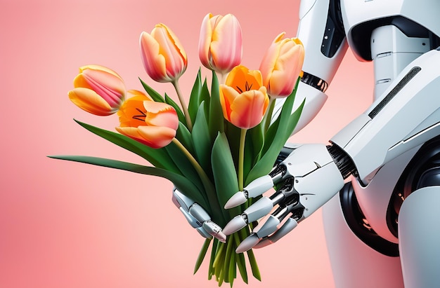 Mãos de robô segurando um buquê de tulipas rosa pálido em fundo rosa conceito feliz dia de São Valentim