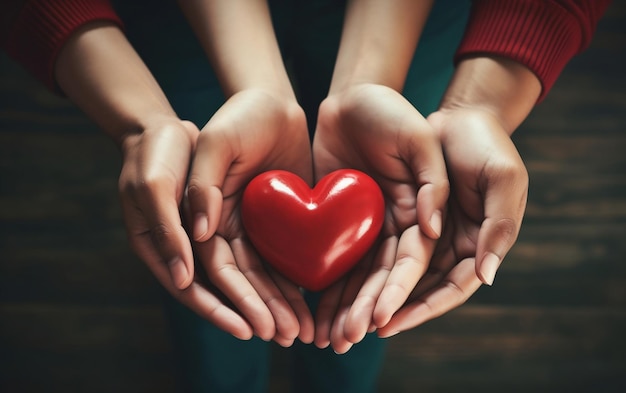 Mãos de saúde do coração segurando cuidados com o coração vermelho Doe IA generativa familiar