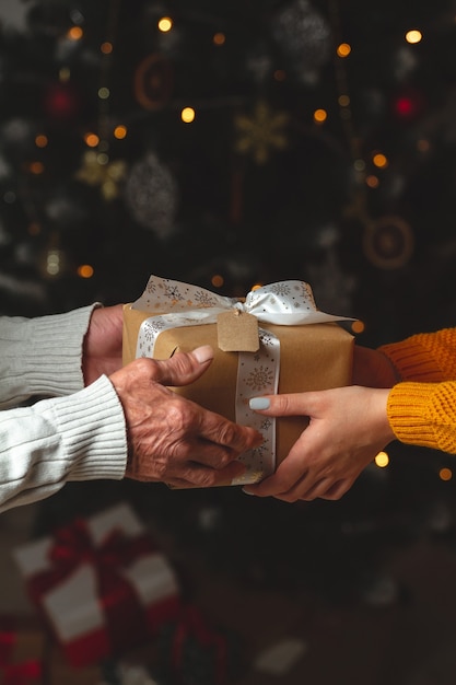 Mãos de senor idoso e uma jovem dão um presente de Natal