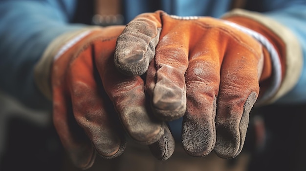 Mãos de trabalhador da construção civil com luvas