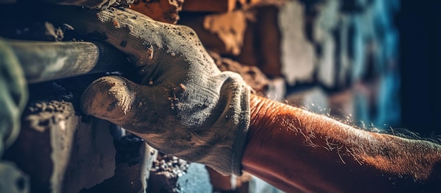 Mãos de trabalhador da construção com luvas