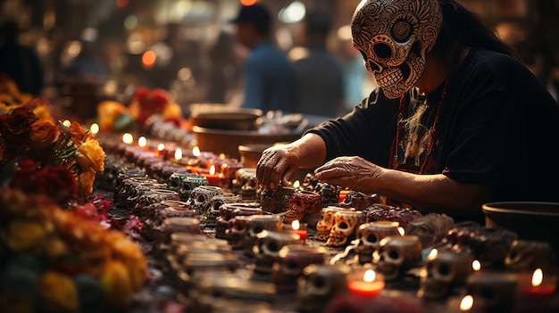 Mãos de Tributo Organizando Cuidadosamente as Oferendas no Altar do Dia dos Mortos