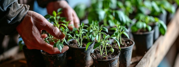 mãos de um agricultor pegando mudas de uma caixa plantando mudas