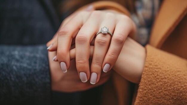 Mãos de um casal com um anel de noivado Fotografia macro Espaço de cópia Formato horizontal