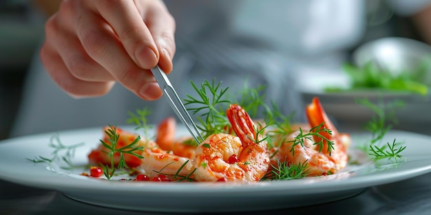 Mãos de um chef preparando um prato de alta cozinha de camarão e amendoim em um prato branco