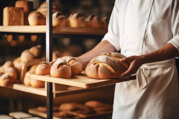 Mãos de um chef profissional com uma bandeja de pão fresco