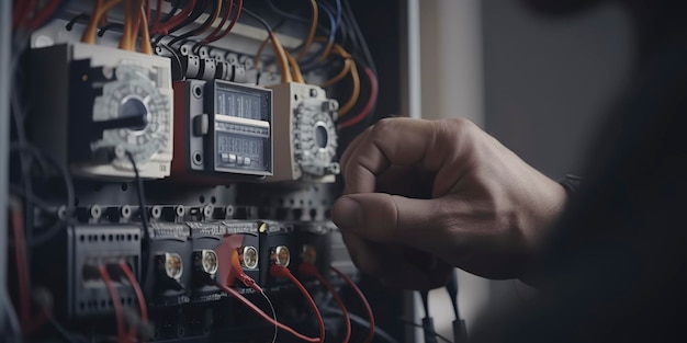 Mãos de um eletricista segurando um amperímetro verificando uma instalação elétrica