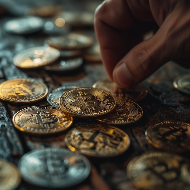 Mãos de um homem colocando bitcoin em uma pilha de moedas