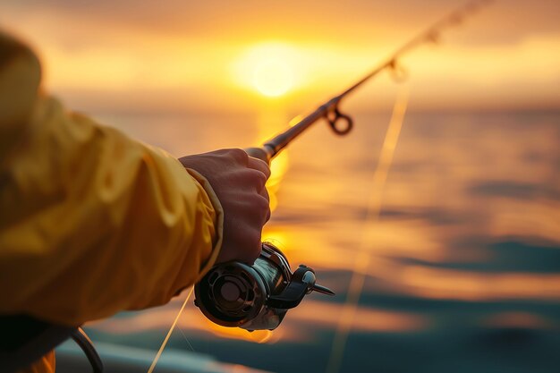 Mãos de um homem em um plano Up segurar uma vara de pesca