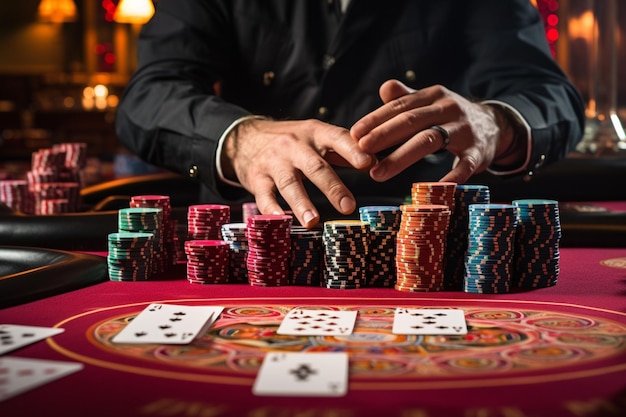 Mãos de um homem que ganhou um jogo de pôquer em um cassino