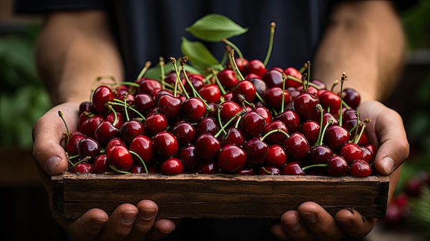 mãos de um homem segurando uma caixa de madeira com frutas de cereja