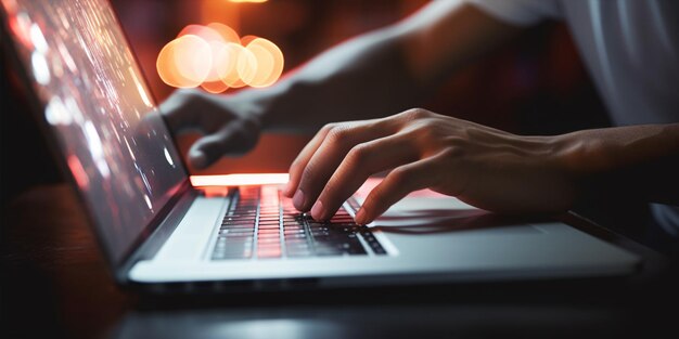 Mãos de um jovem digitando em um laptop contra um céu noturno com luzes bokeh e espaço para conteúdo adicional