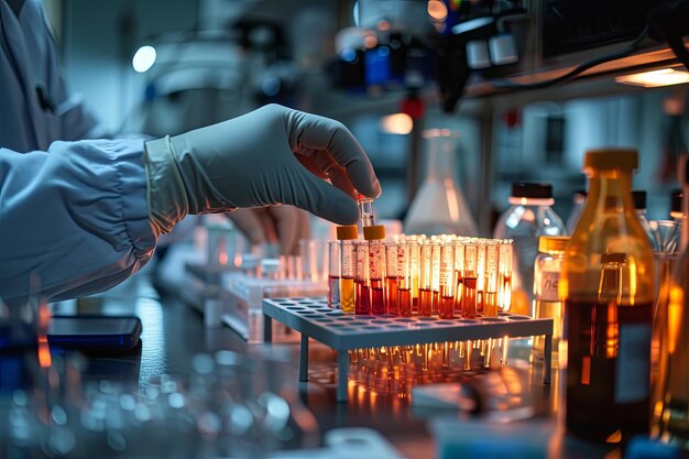 Mãos de um médico coletando tubos de amostra de sangue de um rack com analisador em laboratório Doutor segurando um tubo de teste de sangue em laboratório de pesquisa glóbulos vermelhos