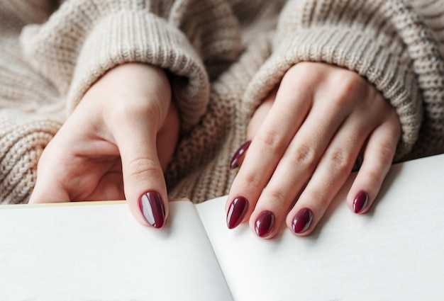 Mãos de uma jovem com manicure vermelho escuro nas unhas