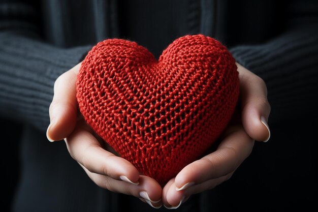 Mãos de uma jovem com suéter de malha segurando um coração vermelho