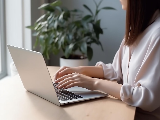 Mãos de uma jovem trabalhando em um computador