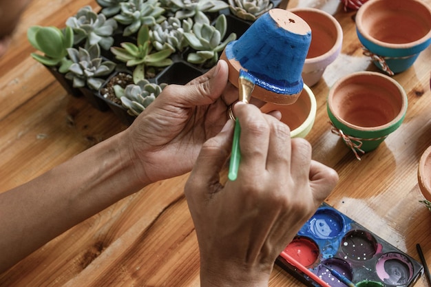 Mãos de uma mulata latina pintando vasos de barro para plantar plantas suculentas