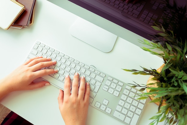 Mãos de uma mulher de escritório digitando